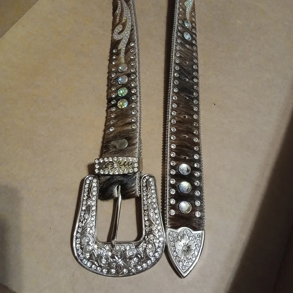 Nocona Women Hair-on Crystal Swirl Rhinestone Cowboy Belt 37" Brown Black - Picture 3 of 6